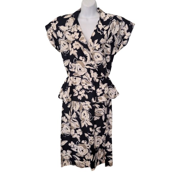 Vintage 1940s Peplum Blue Floral Midi Tea Dress 14 Retro Pin Up Girl - Picture 1 of 10